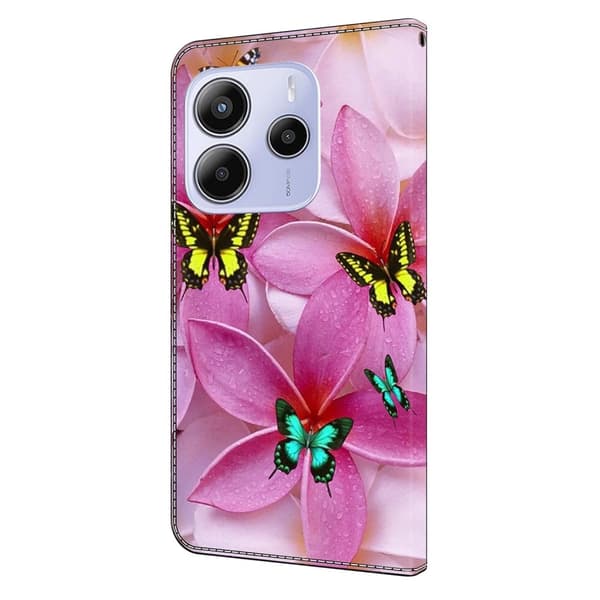 Xiaomi Redmi Note 14 5G Plånboksfodral Mönster Tryck Stativ Läder Flip Telefonskal - Rosa Blommig Fjäril Rosa