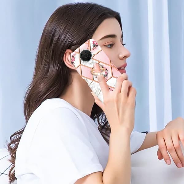 Marble Mønstret Cover med Ring Holder til Nokia G10 / G20 - Lyserøde Blomster Pink
