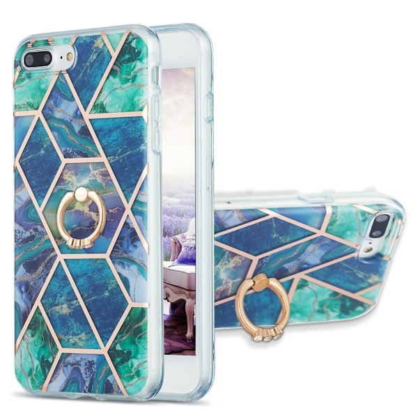 Marble Mønstret Deksel med Ring Holder til iPhone 8 Plus - Blå / Grønn Blue