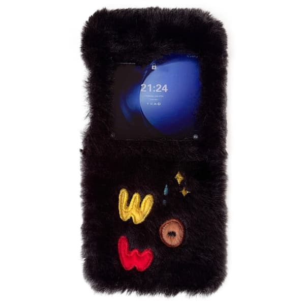 KJS-018 Samsung Galaxy Z Flip6 5G Case Embroidered WOW Soft Plush Hard Bumpresistent Phone Cover - Sort Black