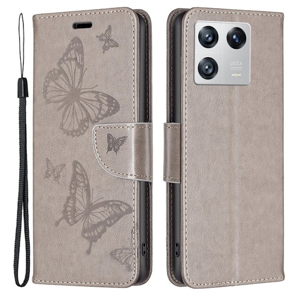 Butterfly läder Xiaomi 13 fodral - Silver/Grå Silvergrå
