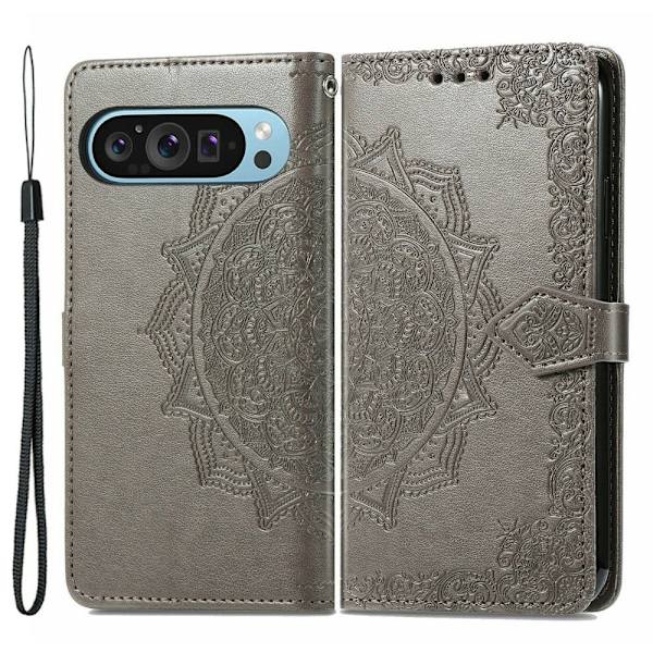 Mandala Google Pixel 9 Pro XL nahkakotelo - Harmaa Silver grey