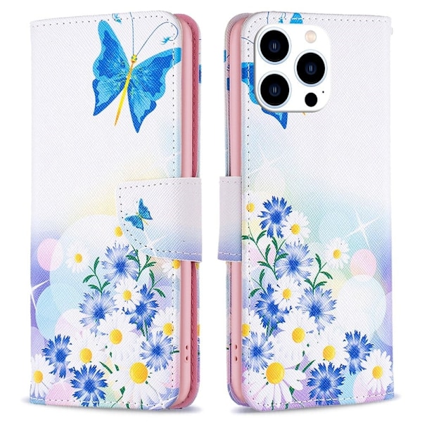 Wonderland iPhone 14 Pro flip kuoret - Perhonen Ja Kukkia Multicolor