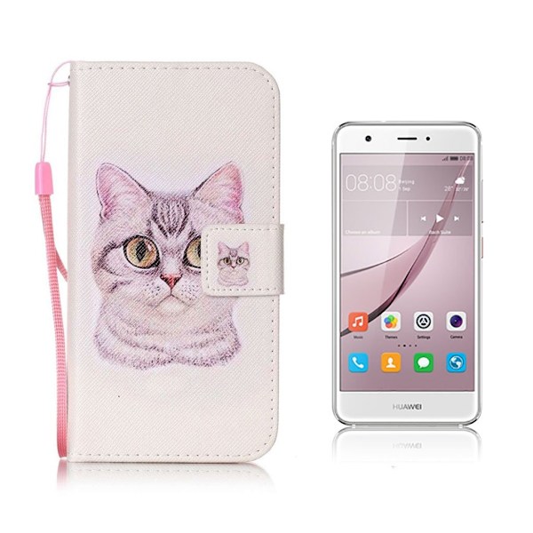 Huawei Nova etui av lær m. stropp - Storøyd katt Multicolor
