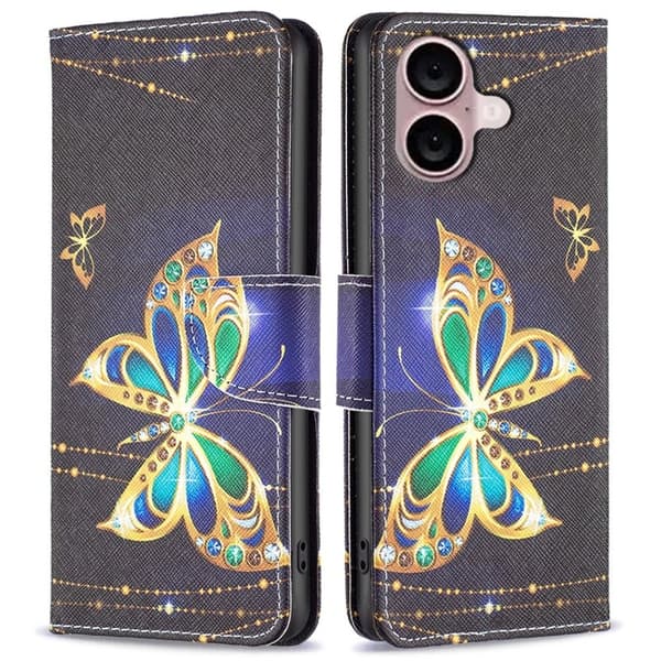 Wonderland iPhone 16 Plus flip kuoret - Koruja Perhonen Black