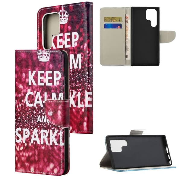 Wonderland Samsung Galaxy S23 Ultra Flippetui - Keep Calm og Sparkle Red