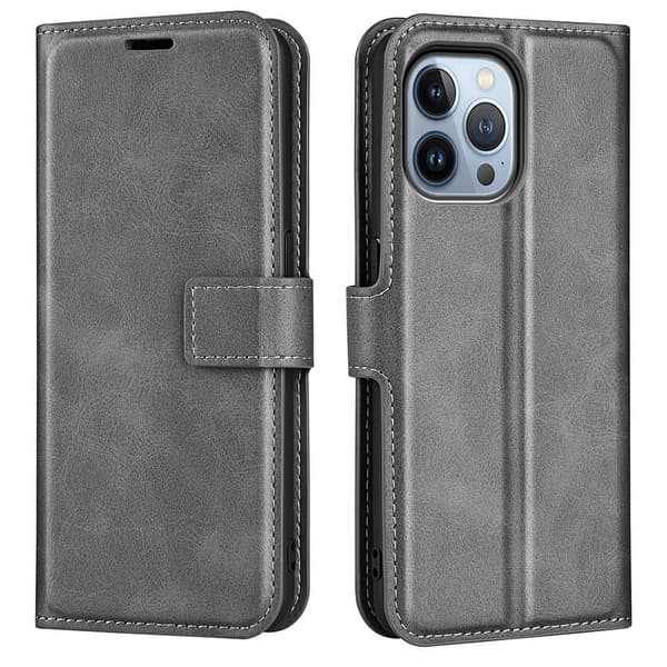 Skinn-etui i lommebok-stil for iPhone 14 Pro - Grå Silver grey
