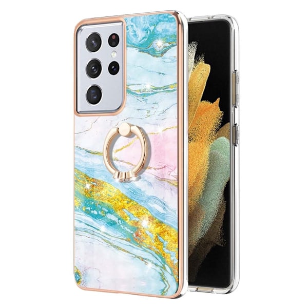 Marble Patterned Suojakuori With Ring Holder For Samsung Galaxy S21 Ultra 5G - Vihreä And Keltainen Marble Haze Multicolor
