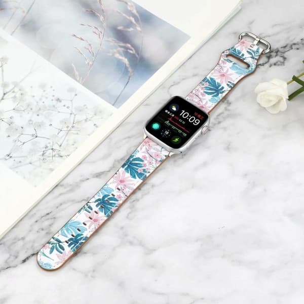 Apple Watch Series 6 / 5 44mm mönster äkta läder klockarmband - Leaf / blomma Vit