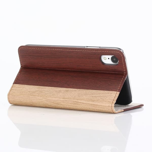 iPhone Xs Max flip cover i læder med træstruktur - Vinrød Red