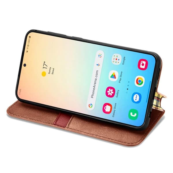 Läder Samsung Galaxy S25 Plus fodral med romb-design - Brun Brun
