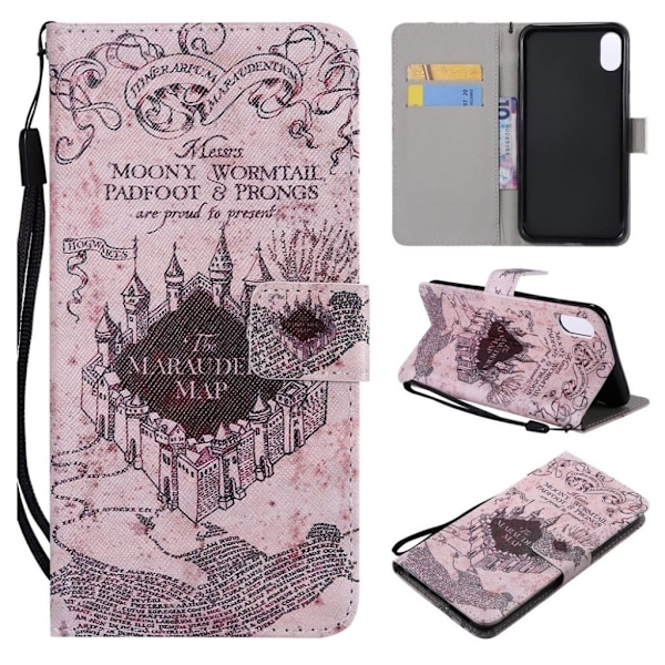 iPhone Xs Max mønstret magnetisk læder flip cover - Retro Castle Map Multicolor