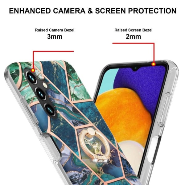 Marble Mønstret Cover med Ring Holder til Samsung Galaxy A34 5G - Blå / Grøn Blue
