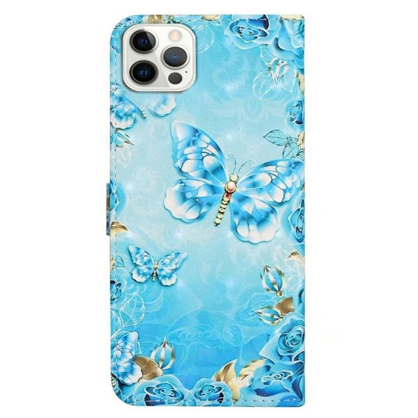 iPhone 16 Pro Max Case Flip Wallet 3D Pattern Leather Phone Cover - Blå Sommerfugl Blue