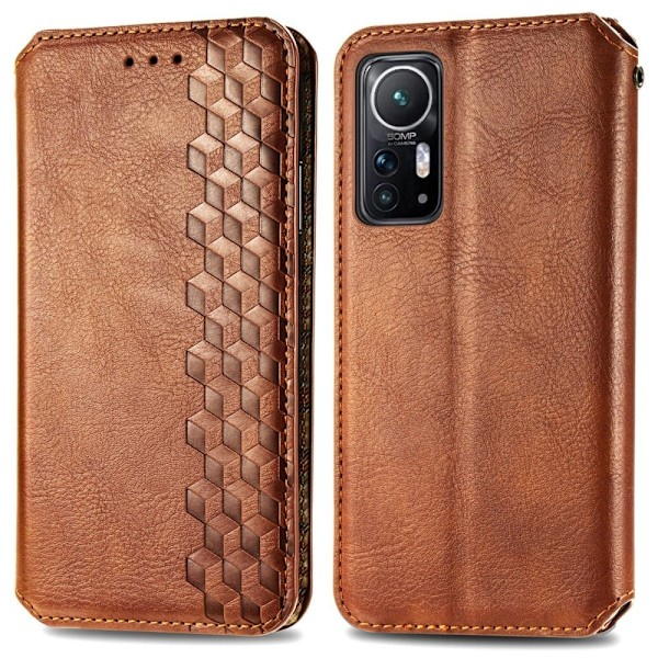 Nahkakotelo With A Stylish Rhombus Imprint For Xiaomi 12 / 12x - Ruskea Brown