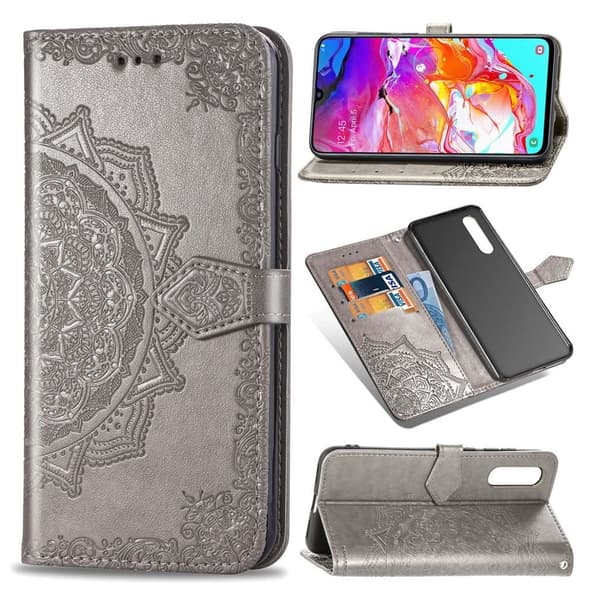 Mandala Samsung Galaxy A70 Flip kotelot - Harmaa Silver grey