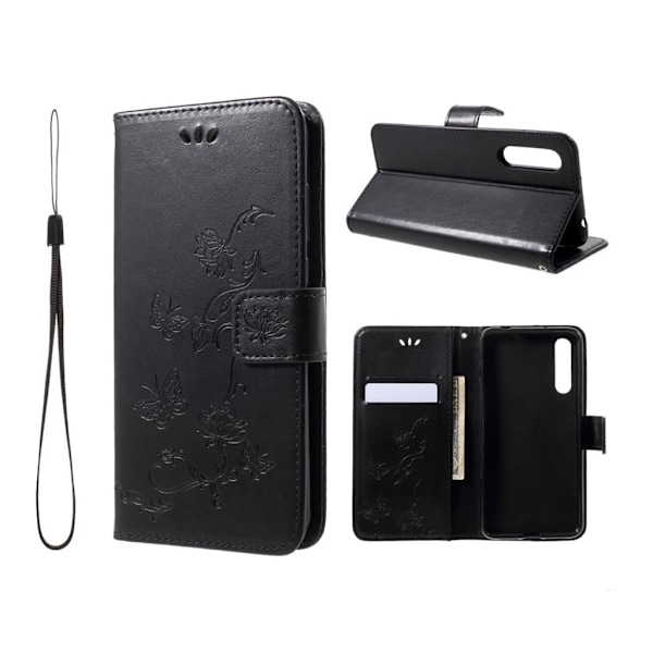 Huawei P20 Pro stemplet sommerfugl blomster PU læder flip etui - Sort Black