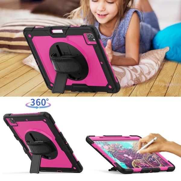 iPad Pro 12.9 (2022) / (2021) / (2020) / (2018) 360 ° drejelig kickstand stødsikker og silikone tablet taske håndrem beskyttende cover med skulderrem Pink