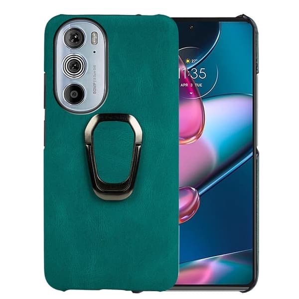 Stötsäkert läderfodral med oval kickstand för Motorola Edge 30 Pro - Mörkgrön Grön