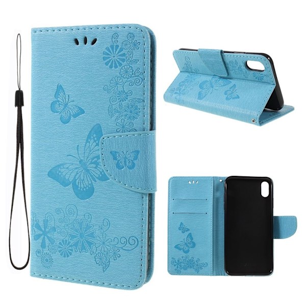 iPhone Xs Max beskytter dekslet af syntetisk skinn med sommerfugl og blomster aftryk - Blå Blue