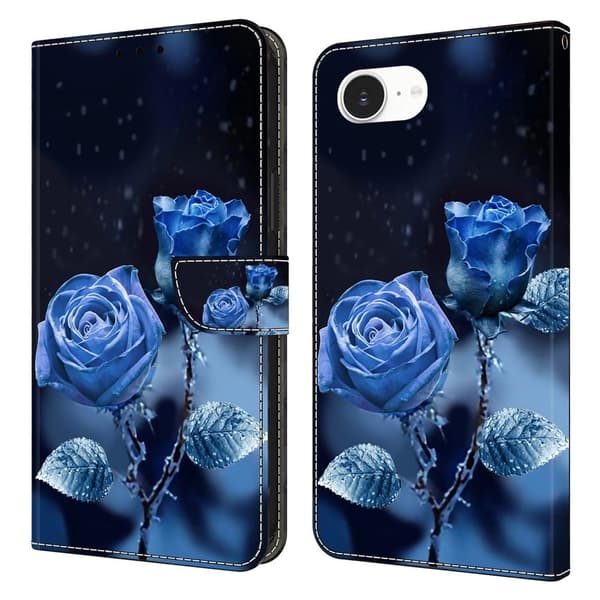 iPhone 16e Etui med pung Mønster print Stand Leather Flip Phone Cover - Blå Roser Blue