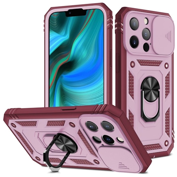 iPhone 13 Pro 6,1 tommer Indbygget Kickstand Sliding Camera Cover Bumpresistent and Flexible Wear-resistant Phone Case Protector with Card Clot - Lyse Pink