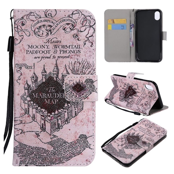 iPhone Xr mønstret light spot læder flip cover - Retro Castle Map Multicolor
