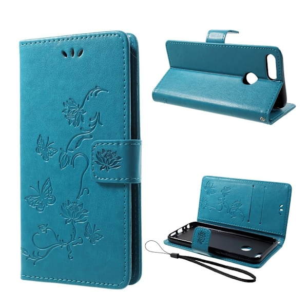 Huawei P Smart mobiletui i kunstlæder med indgraveret sommerfugl og blomster - Blå Blue