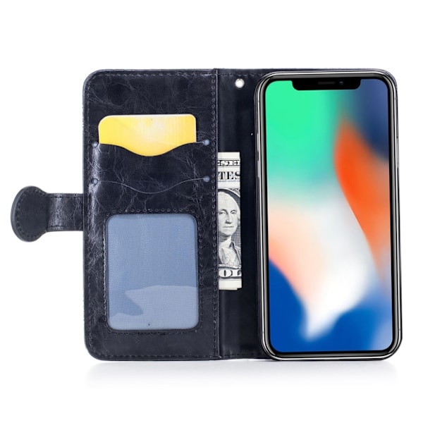 iPhone Xs Max olje behandlat syntetläder plånboks mobilfodral med blommigt print motiv - Svart Svart