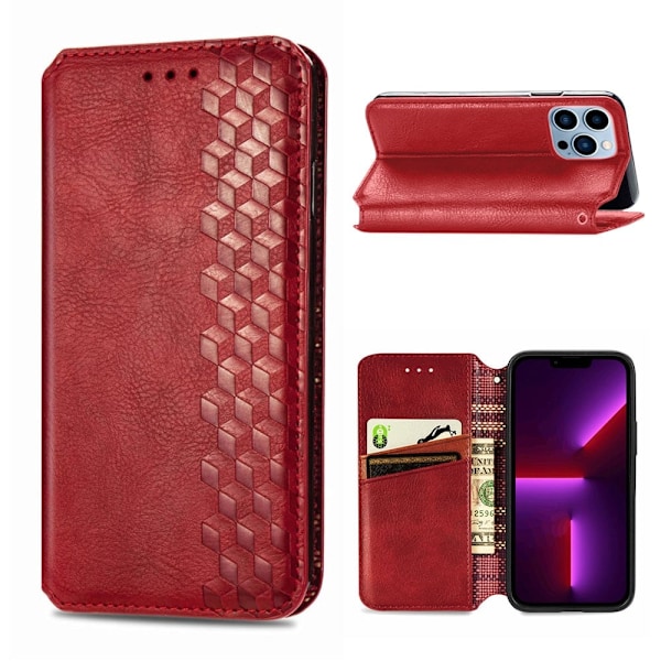 Nahkakotelo With A Stylish Rhombus Imprint For iPhone 13 Pro Max - Punainen Red