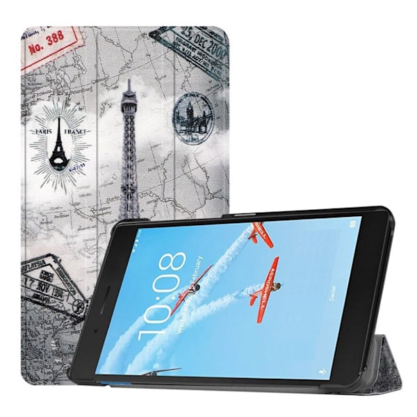 Lenovo Tab E7 mønstret tre-fold læderetui - Eiffeltårn og Kort Multicolor