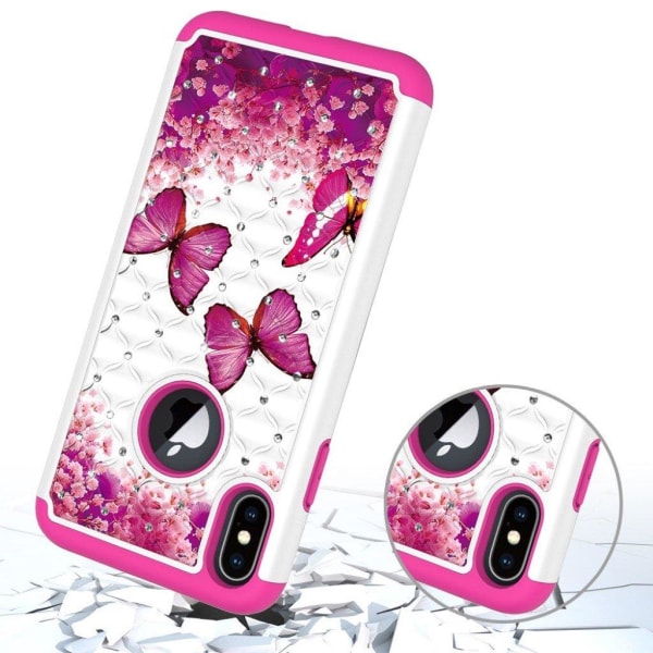 iPhone Xs Max hybrid etui med rhinsten-dekor - Pink Butterfly Pink