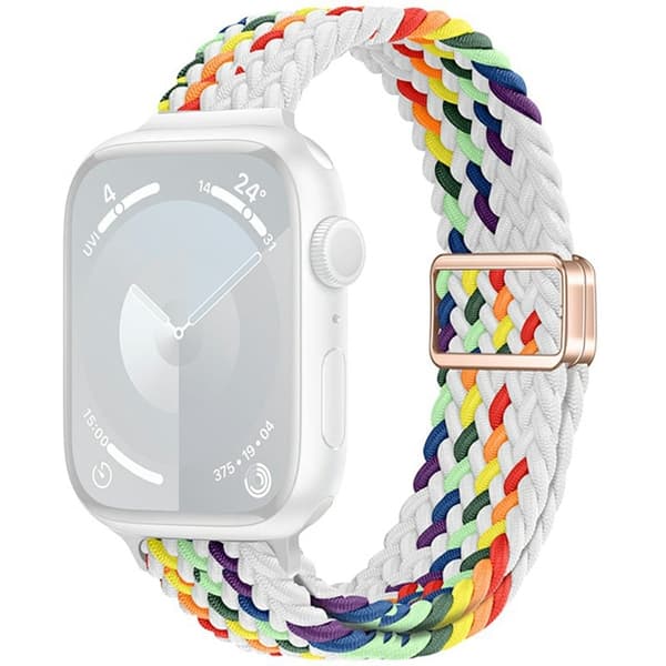KALEBOL Flätat klockarmband Apple Watch Series 10 42mm Elastiskt nylonarmband - Vit Regnbåge multifärg