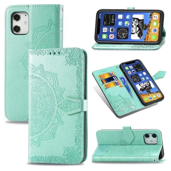 Mandala iPhone 12 Mini Flippetui - Cyan Green