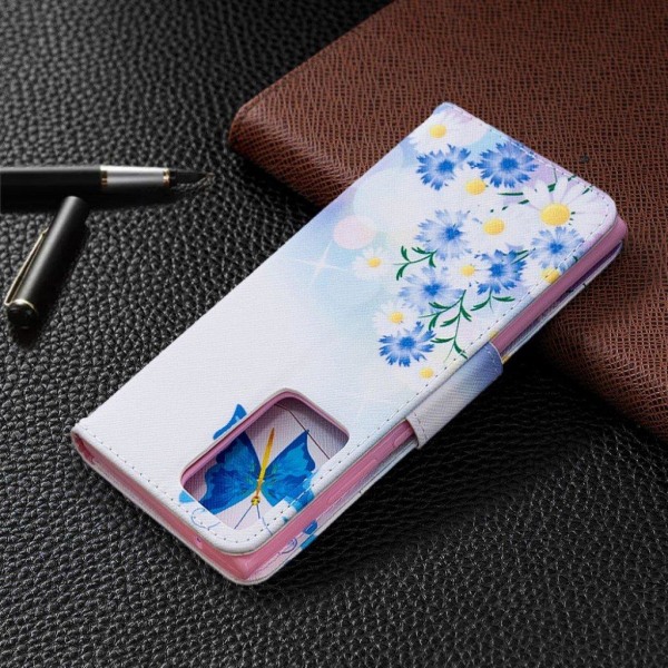 Wonderland Samsung Galaxy Note 20 Ultra flip kuoret - Sininen Perhonen Ja Kukkia Blue