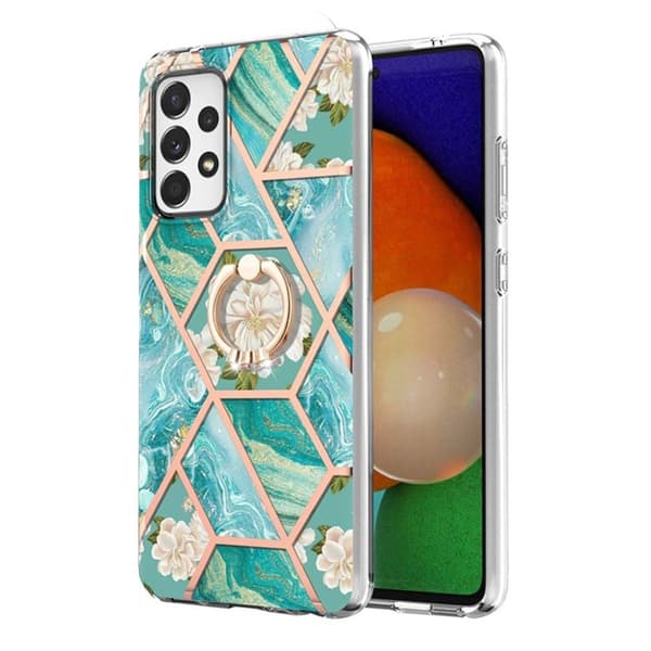 Marble Mønstret Cover med Ring Holder til Samsung Galaxy A53 5G - Blå Blomster Blue