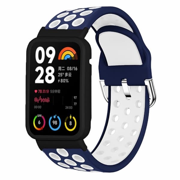 Xiaomi Smart Band 8 Pro Silicone Watch Bands Replacement Strap med Watch Case - Mørkeblå + Hvid Blue