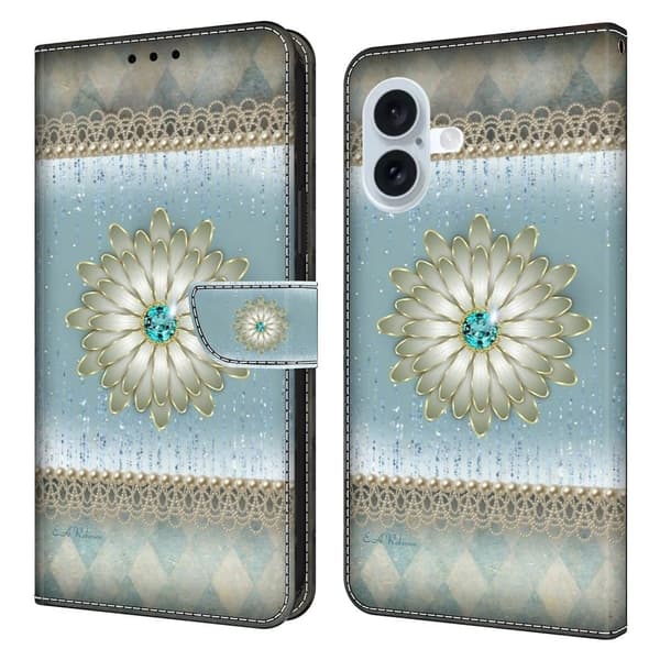 iPhone 16 Plånboksfodral Mönster Tryck Stativ Läder Flip Phone Cover - Blå Diamantblomma Blå