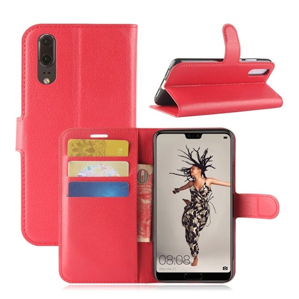 Huawei P20 litchi tekstur PU læder flip etui - Rød Red