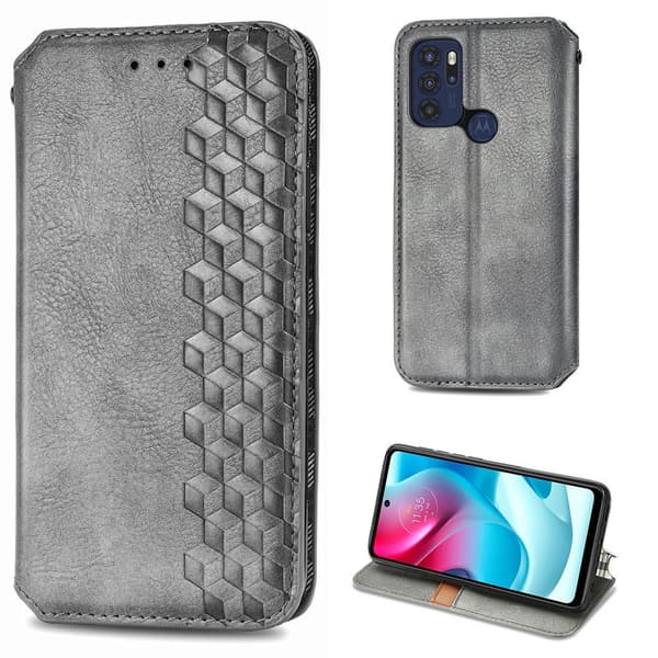 Læder Etui med A Stilfuldt Rhombus Tryk til Motorola Moto G60s - Grå Silver grey