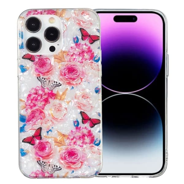 Marble design iPhone 14 Pro cover - Farverig Sommerfugl Pink