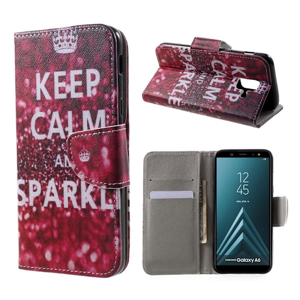 Samsung Galaxy A6 (2018) mobilfodral PU läder plånbok stående läge mönster - Citat Keep calm and sparkle multifärg