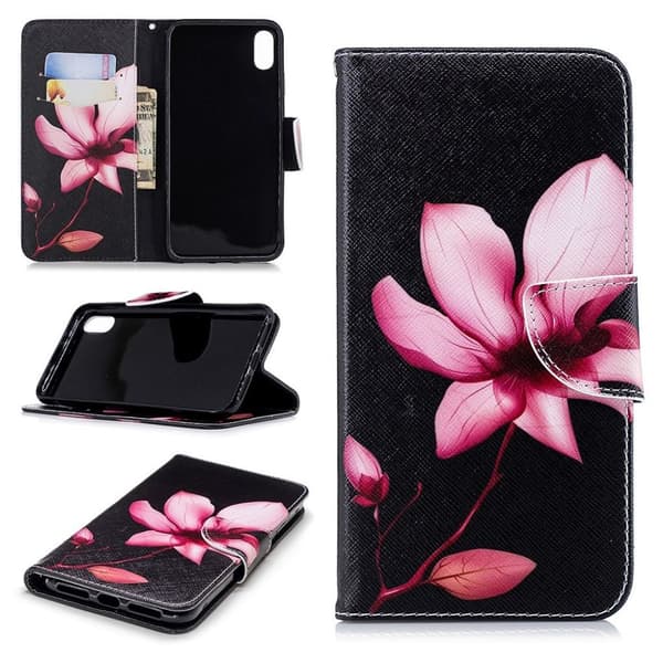 iPhone Xs Max læder flip cover med mønsterprint - Blomst Pink