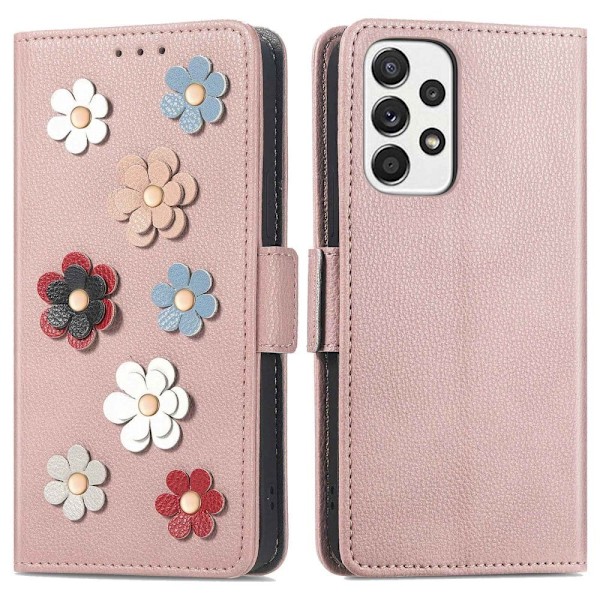 Mjukt läder Samsung Galaxy A33 5G fodral med blomdekor - Rosa Rosa