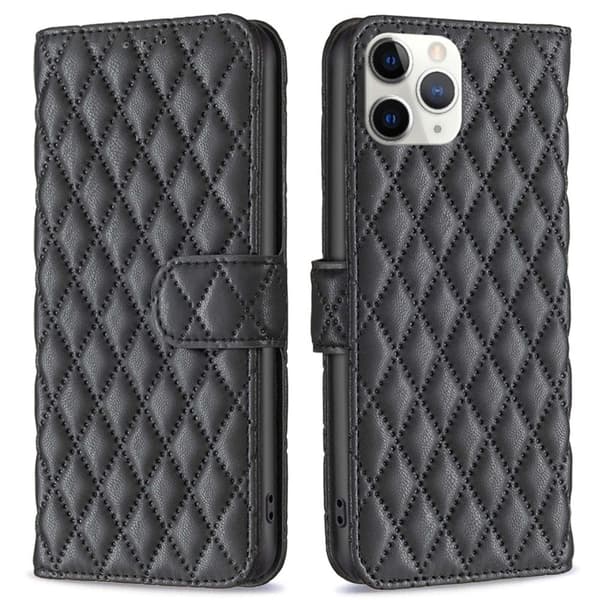 BINFEN COLOR iPhone 11 Pro Max 6.5 inch BF Style-14 Imprinted Rhombus Pattern Vegansk Læder Wallet Case Adjustable Stand Matte Protective Phone Shell Black