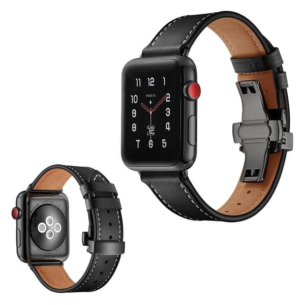 Apple Watch Series 5 40mm holdbar ægte læder Urrem - Sort Spænde / Sort Black