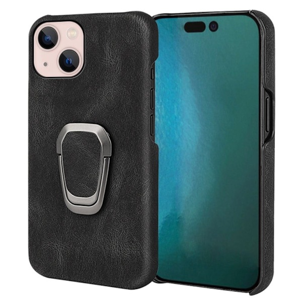 Shockproof Läder Skal med Oval Kickstand till iPhone 14 Plus - Svart Svart