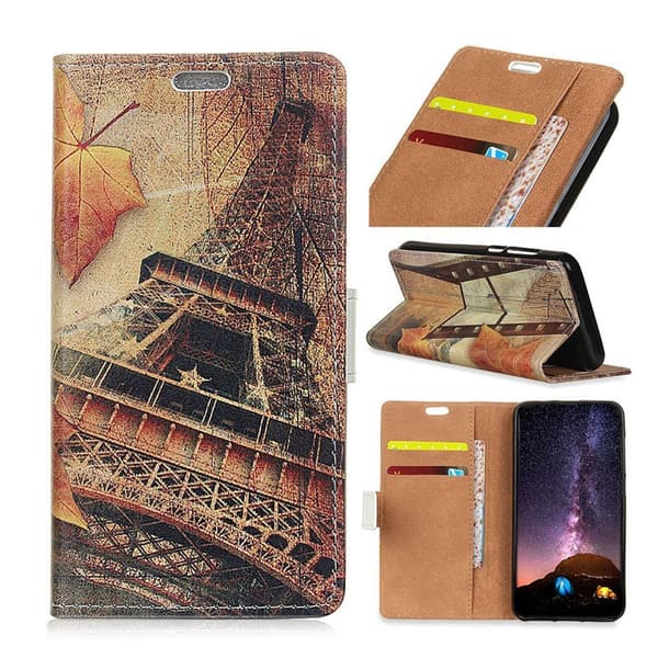 iPhone XS mønstret læder flip cover - Ahornblade Og Eiffeltårnet Multicolor