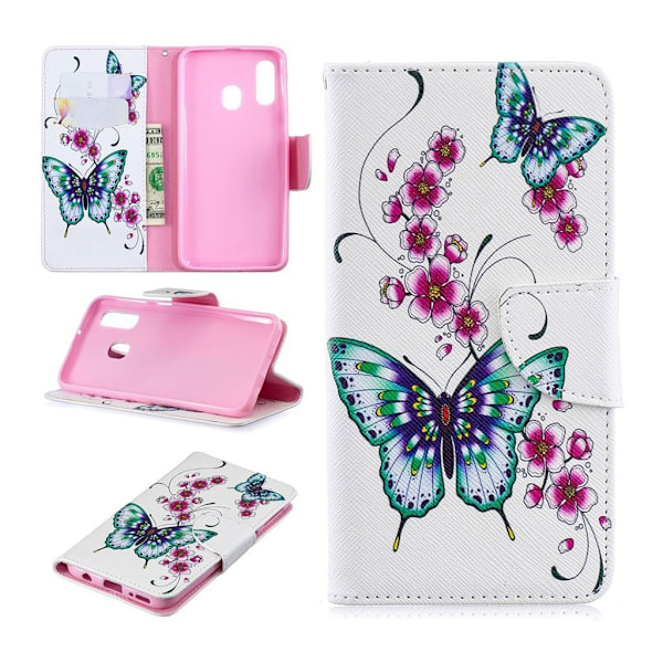 Samsung Galaxy A40 mønstret lædercover - sommerfugle og blomster Multicolor
