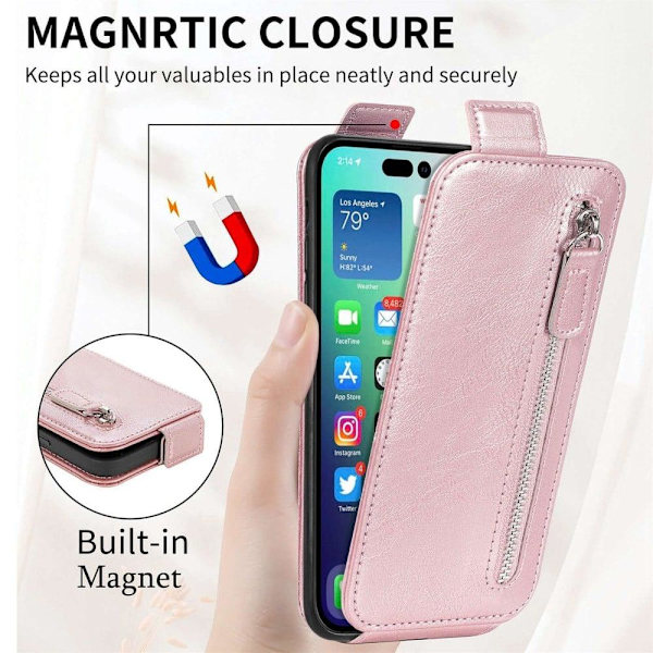 Vertikalt iPhone 14 fodral med dragkedja - Rosa Rosa